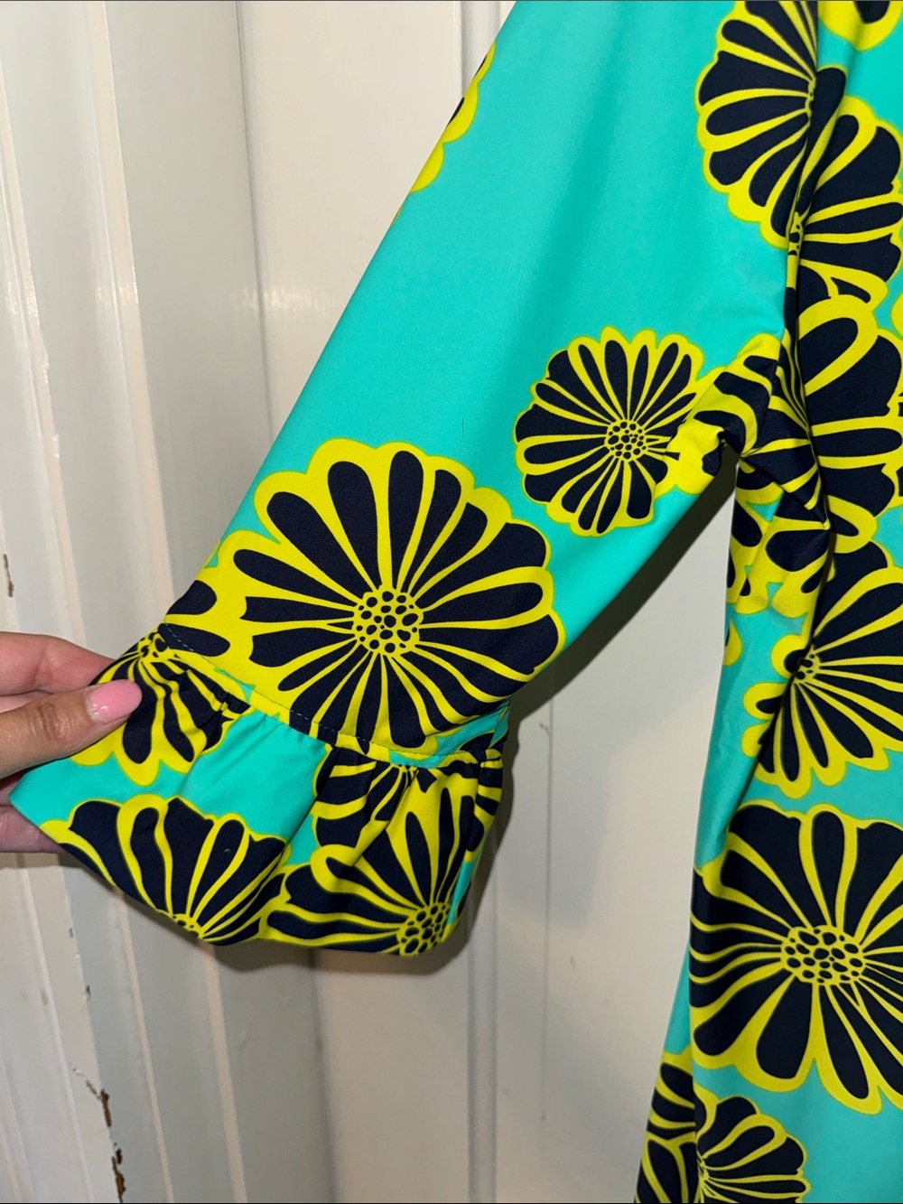 Floral Tie-Neck Shift Dress in Teal and Yellow - Picture 4 of 4